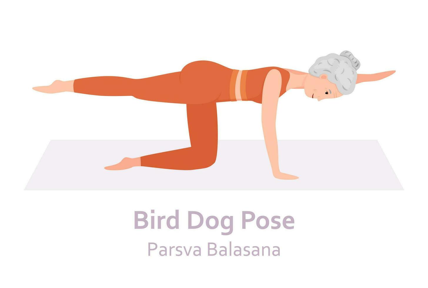 Bird Dog Yoga pose. Parsva Balasana. Elderly woman practicing yoga asana. Healthy lifestyle. Flat cartoon character. Vector illustration