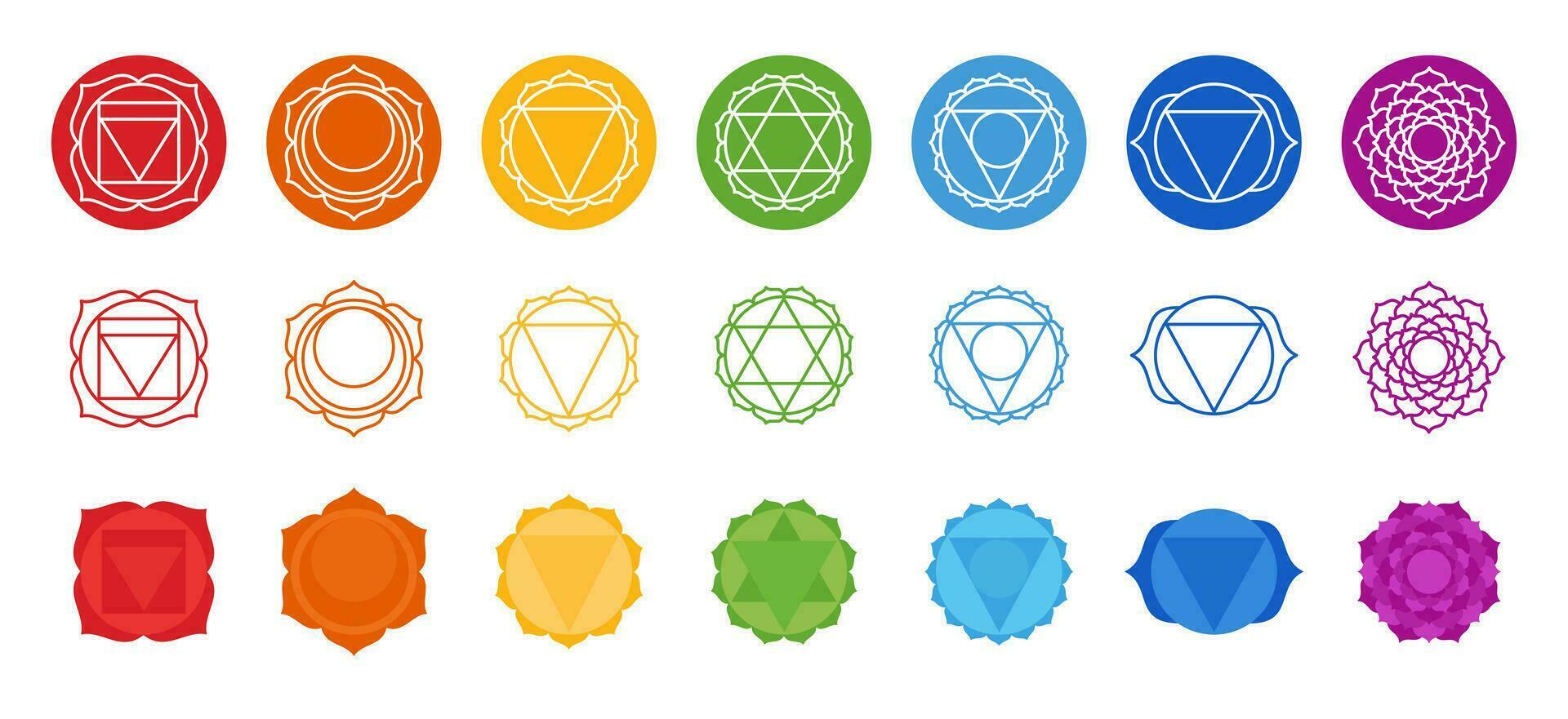 Symbols of the seven chakras for yoga, meditation and spa center. Set of mystical and esoteric icons. Sahasrara, Ajna, Vishudha, Anahata, Manipura, Swadhisthana, Muladhara. Vector illustration
