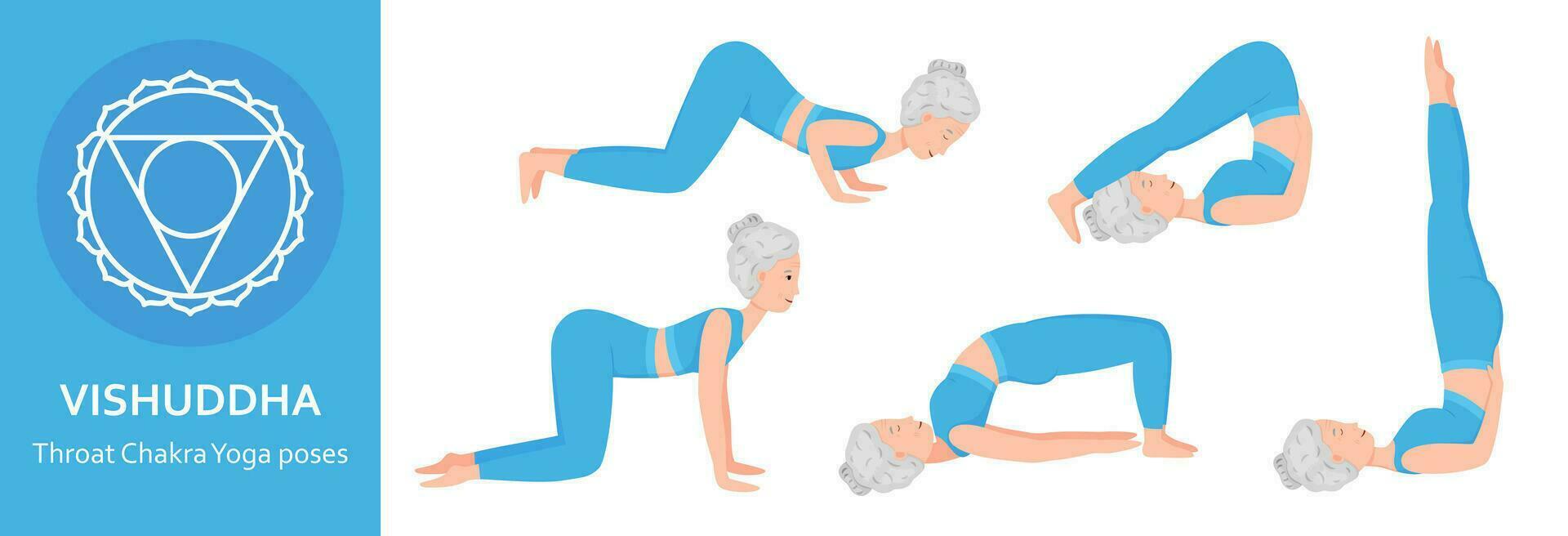 Throat Chakra Yoga poses. Elderly woman practicing Vishudha Chakra Yoga asana. Healthy lifestyle. Flat cartoon character. Vector illustration