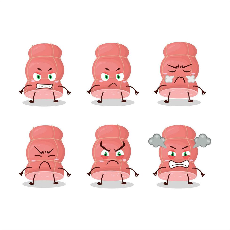 hervido salchicha dibujos animados personaje con varios enojado expresiones vector