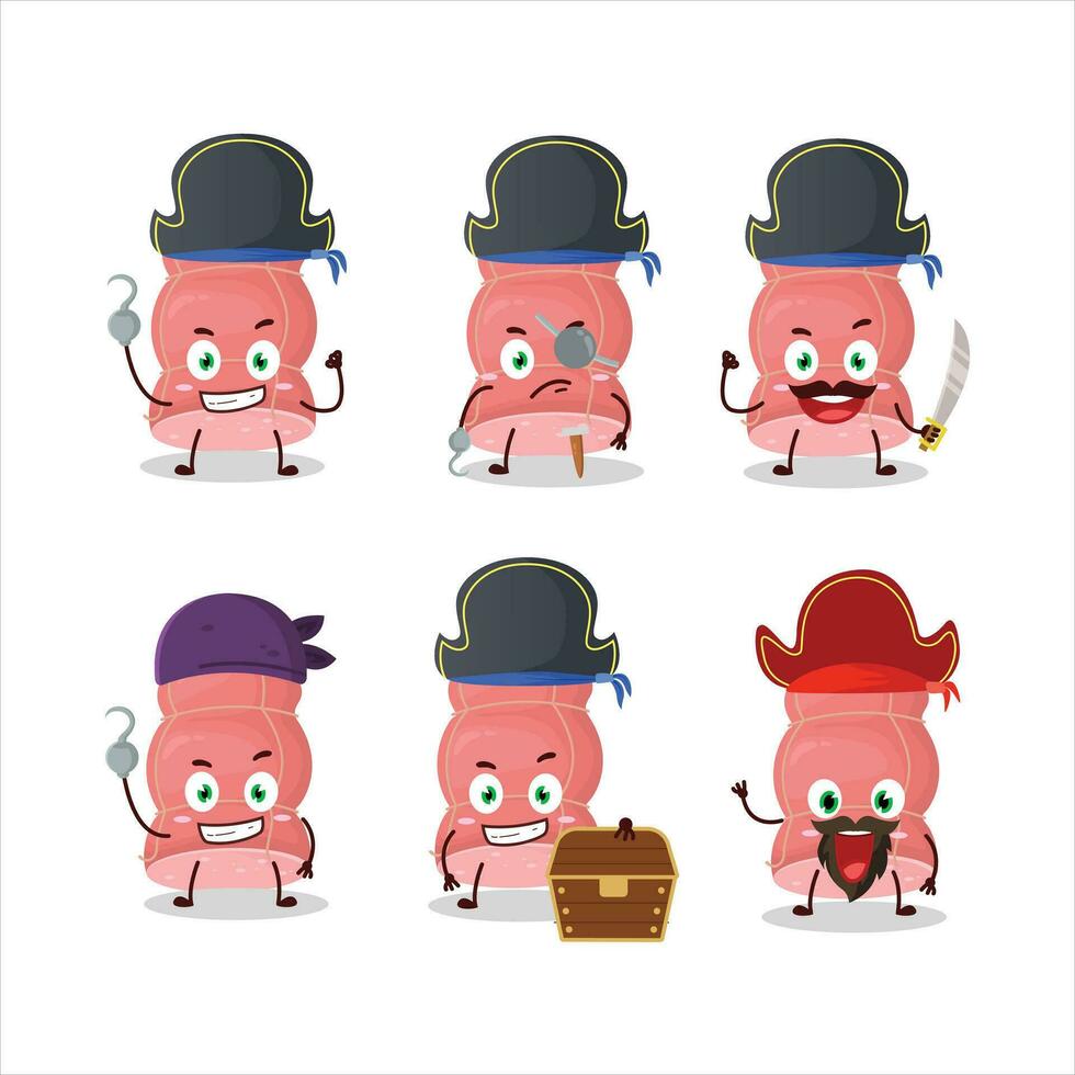 dibujos animados personaje de hervido salchicha con varios piratas emoticones vector