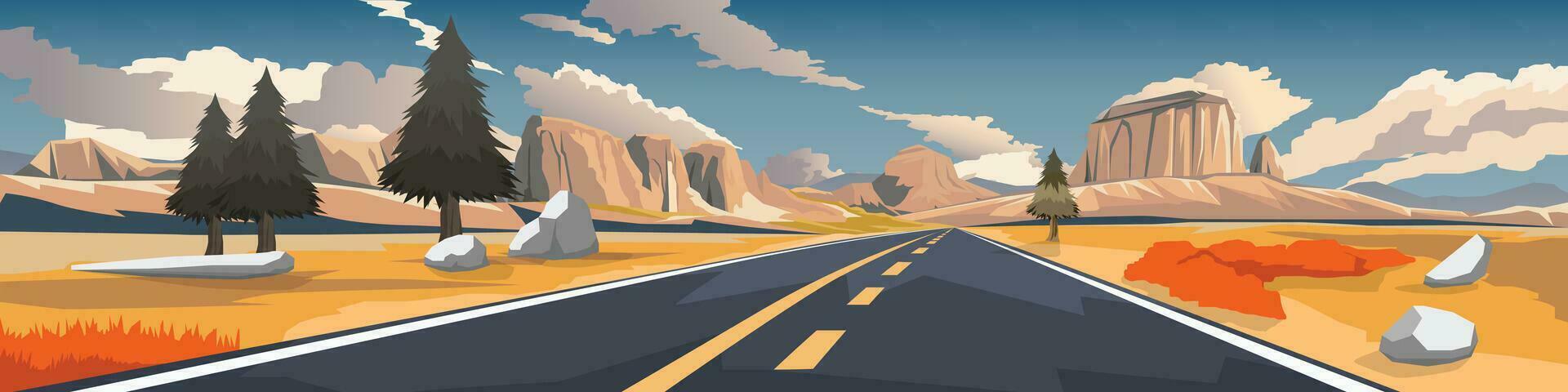 Vector or Illustrator of landscape transportation of asphalt road to the nature of big mountain range in front. Both sides of the road were filled with dry grasslands. Hot light in the evening.