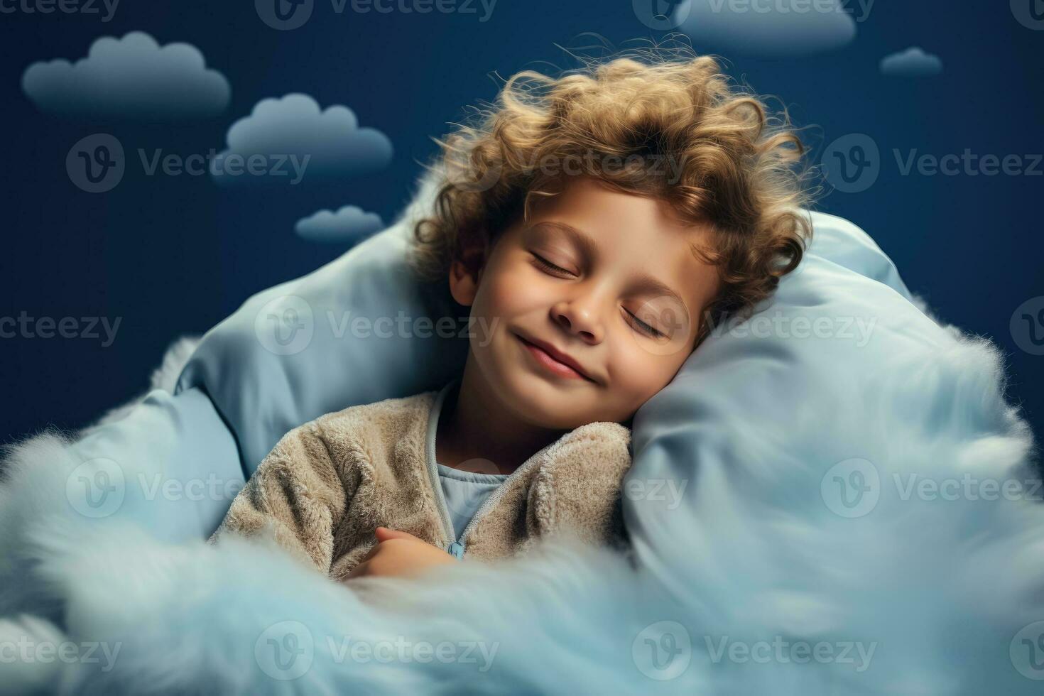 A child peacefully sleeping on a cloud bed isolated on a soft blue gradient background photo