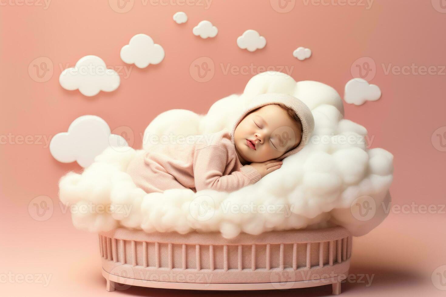 A baby calmly napping on a whimsical cloud bed isolated on a pastel gradient background photo