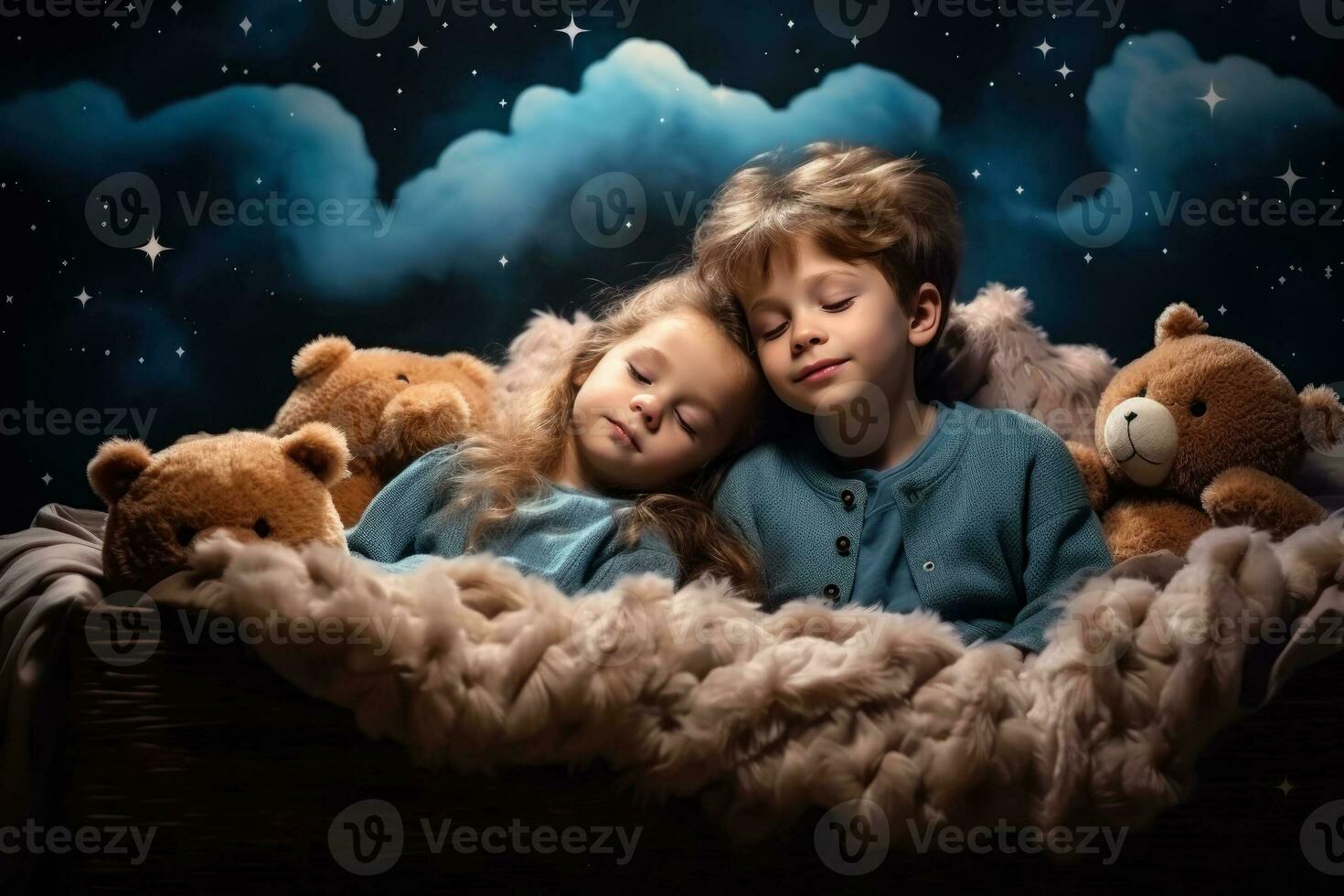 Children sleeping on cloud beds in night sky background with empty space for text photo