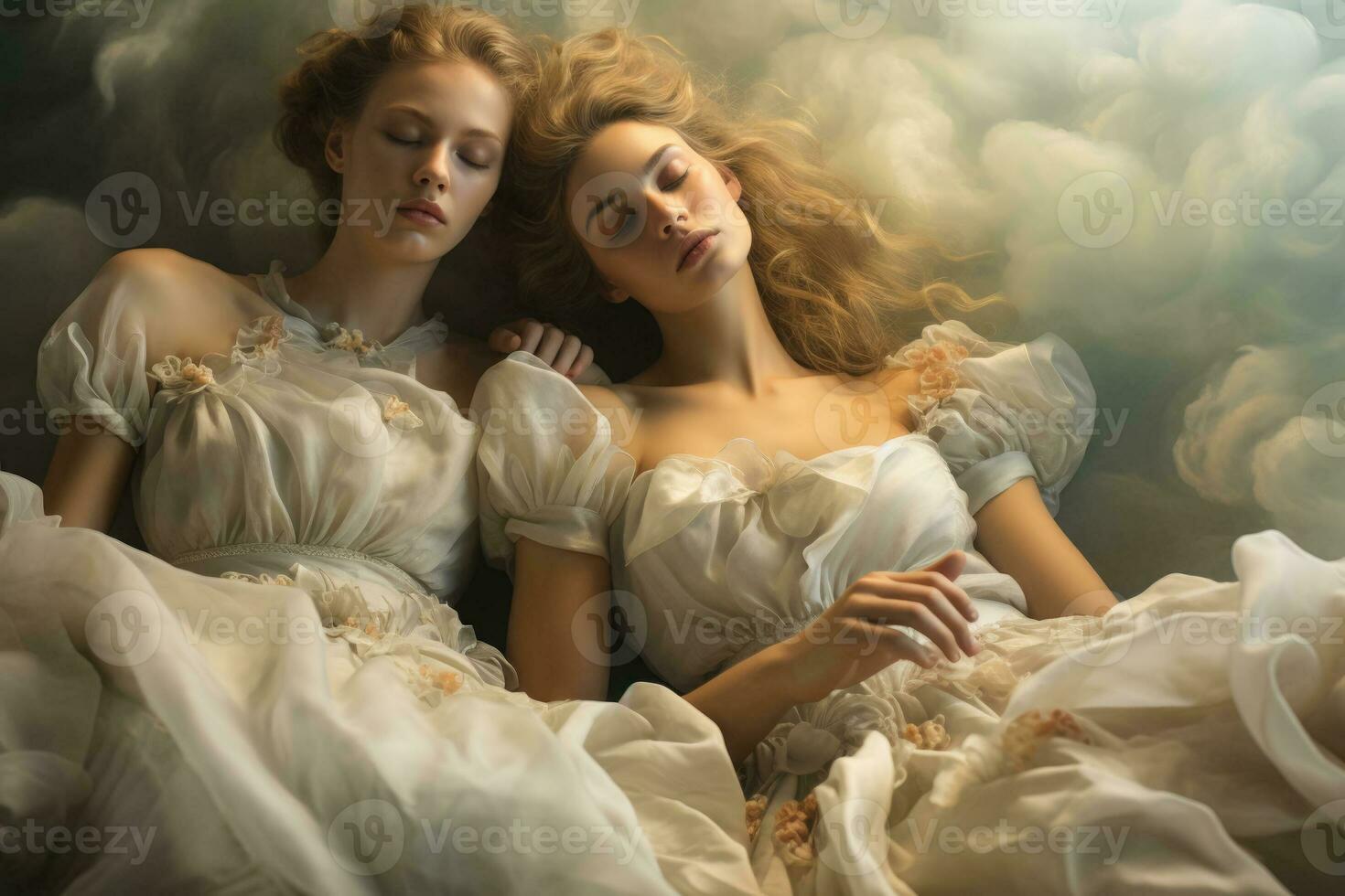 bailarines descansando en etéreo nubes sumergido en un soñador místico cielo foto