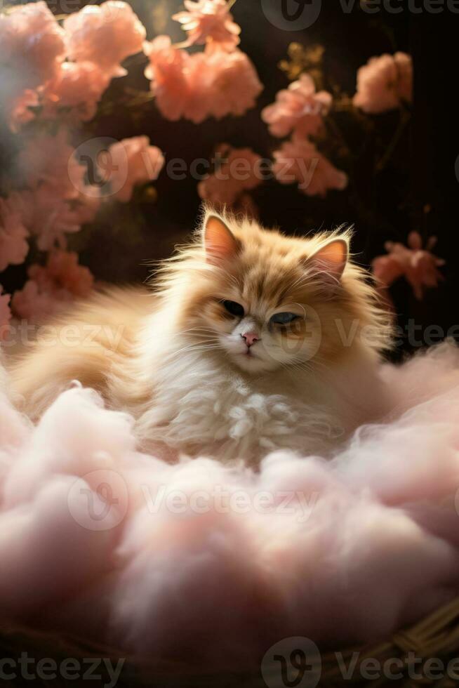 Pet animals dozing on fluffy cloud beds in an enchanted world photo