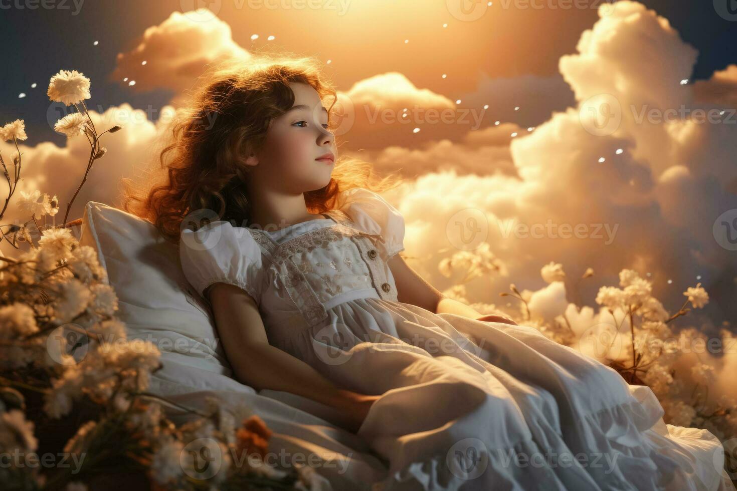 niños pacíficamente dormido en mullido nubes en un sereno soñador paisaje foto