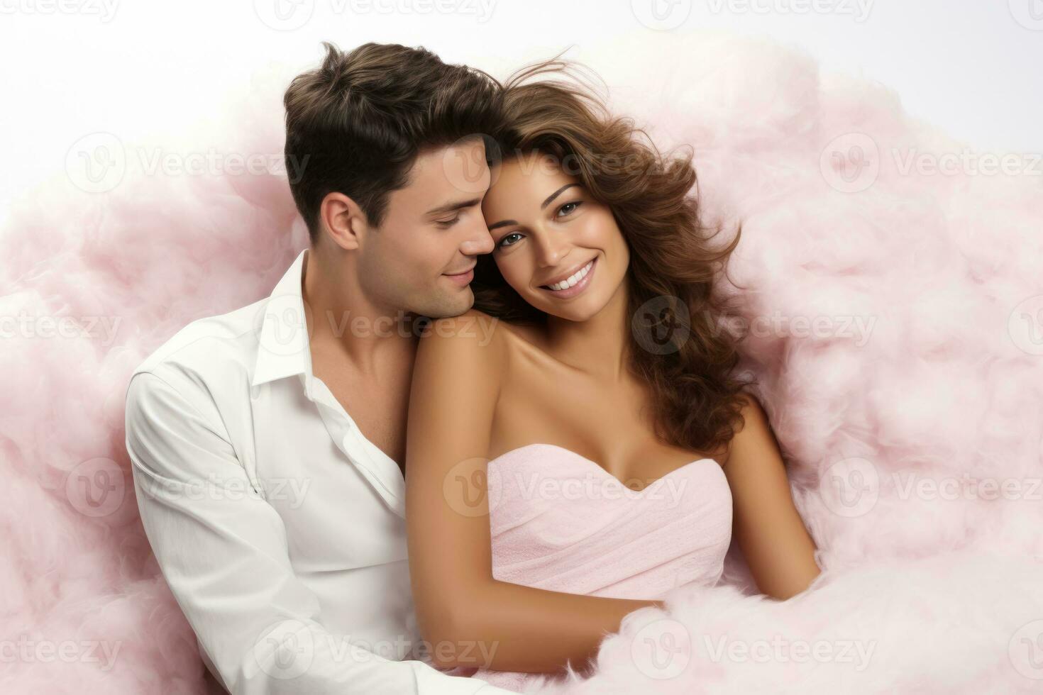 A romantic couple nestled on a soft cloud isolated on a white background photo