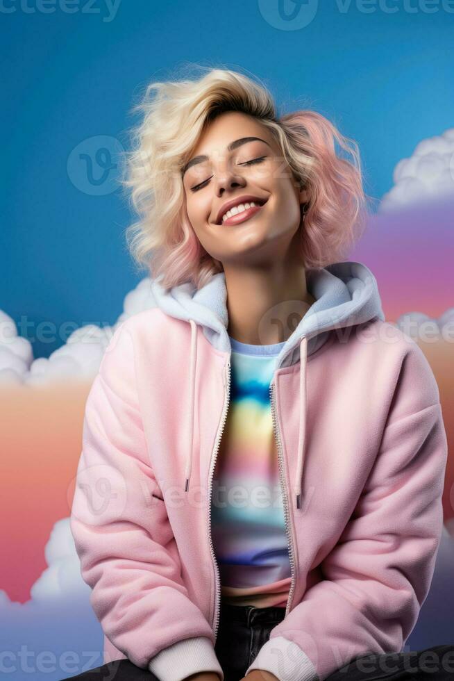 A teen dozing on a dreamy cloud isolated on a rainbow gradient background photo