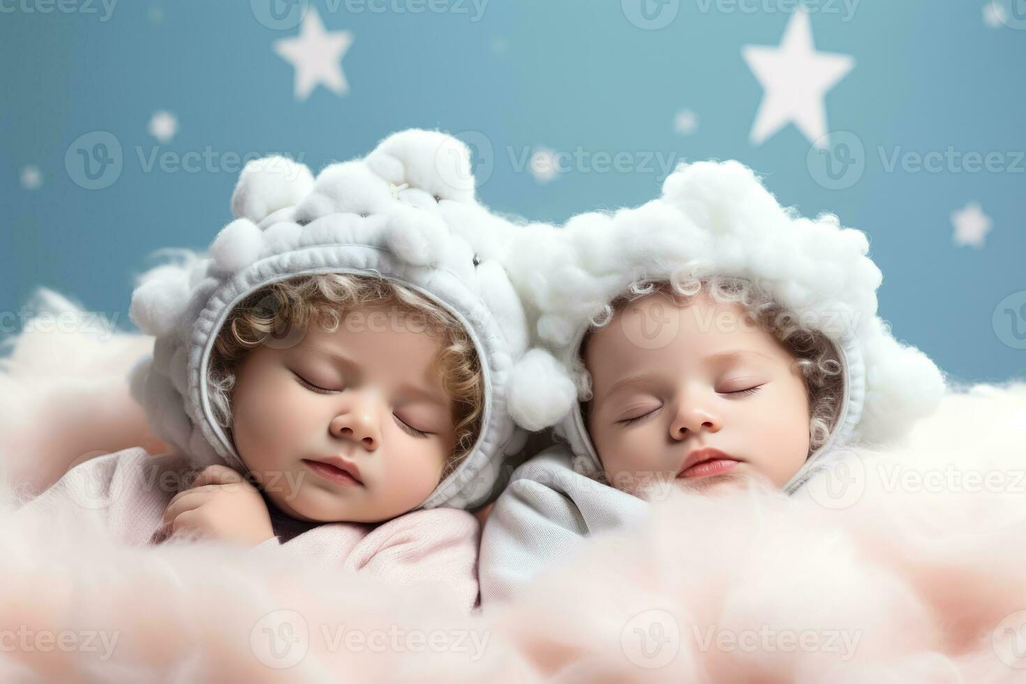 Babies napping on fluffy cloud beds in a magical aura background with empty space for text photo