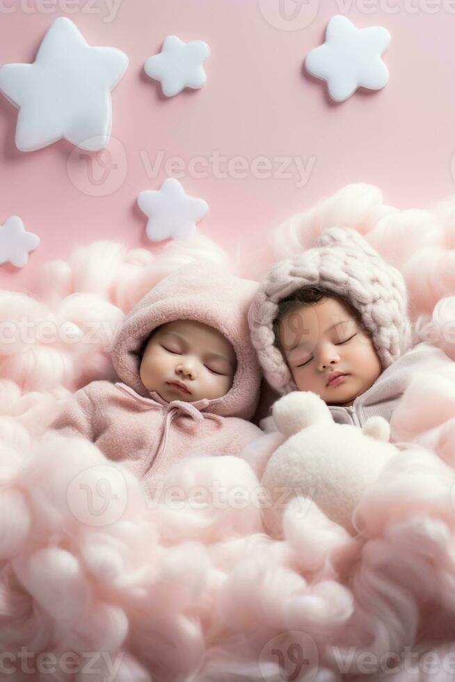 Babies napping on fluffy cloud beds in a magical aura background with empty space for text photo