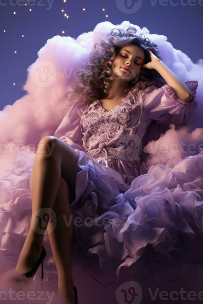 A mystical fairy at rest on a cloud isolated on a purple and pink gradient background photo