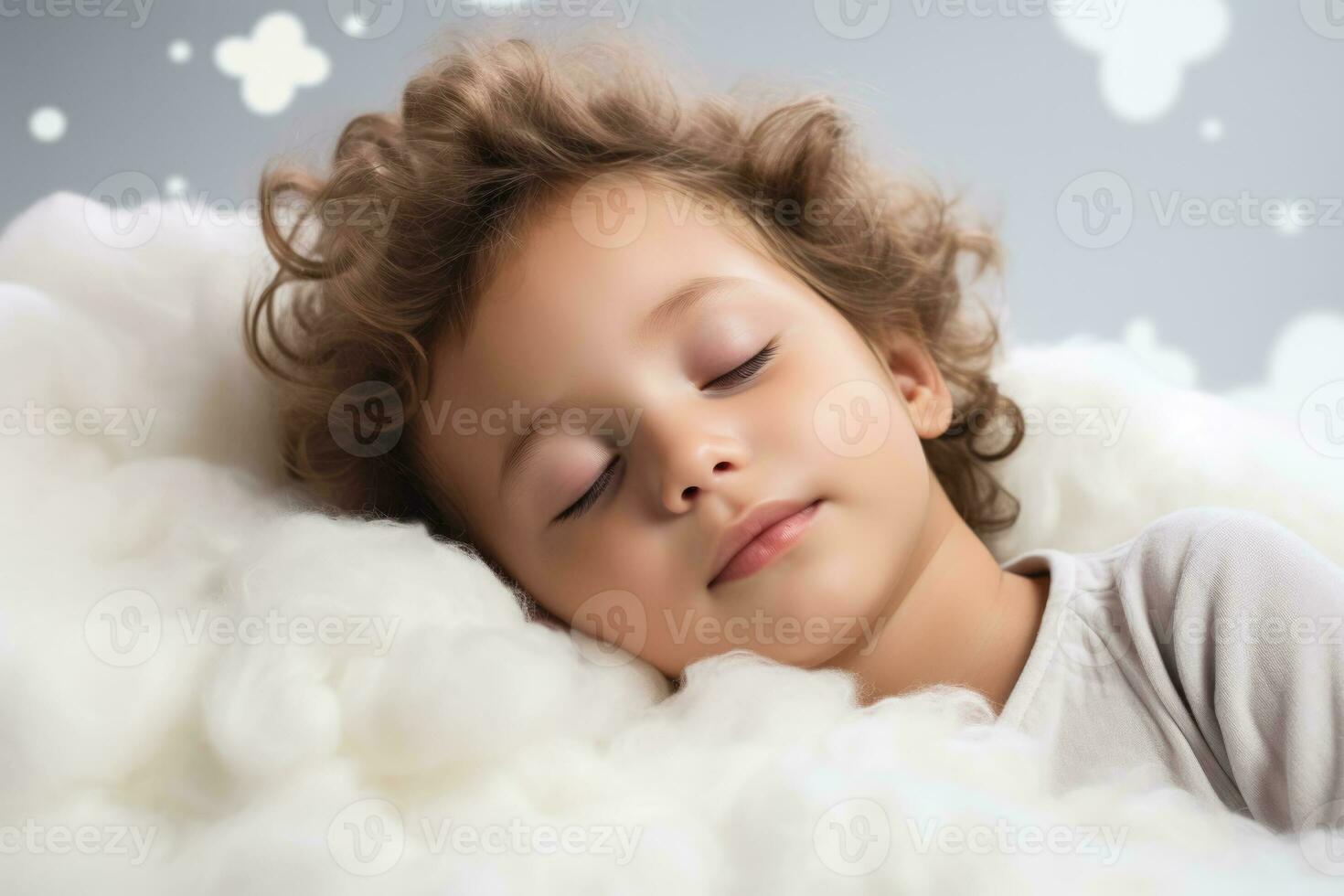 A child peacefully sleeping on a cloud isolated on a white background photo