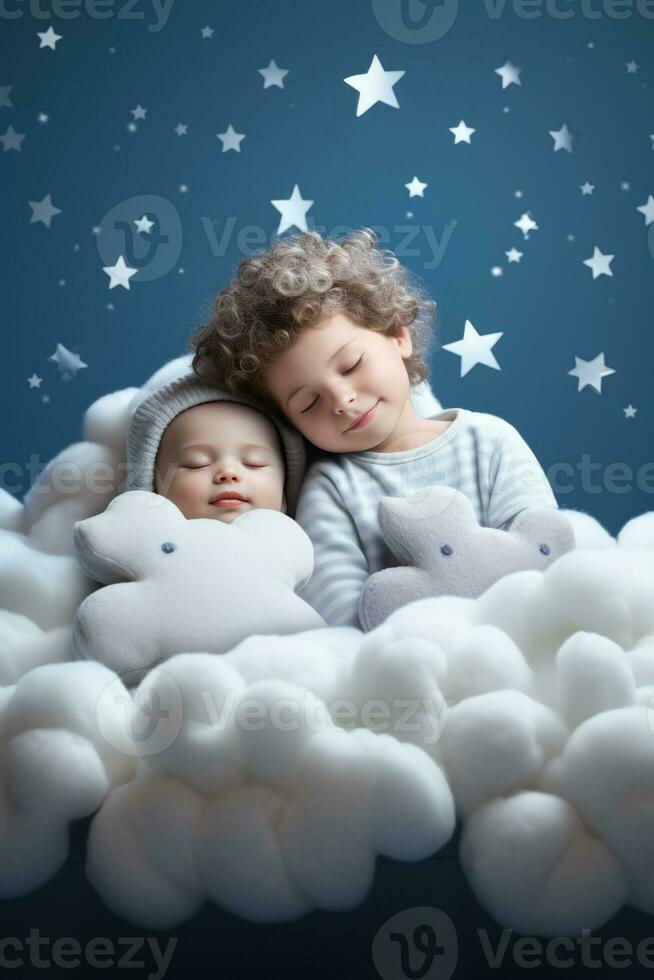 bebés siesta en mullido nube camas en un mágico aura antecedentes con vacío espacio para texto foto