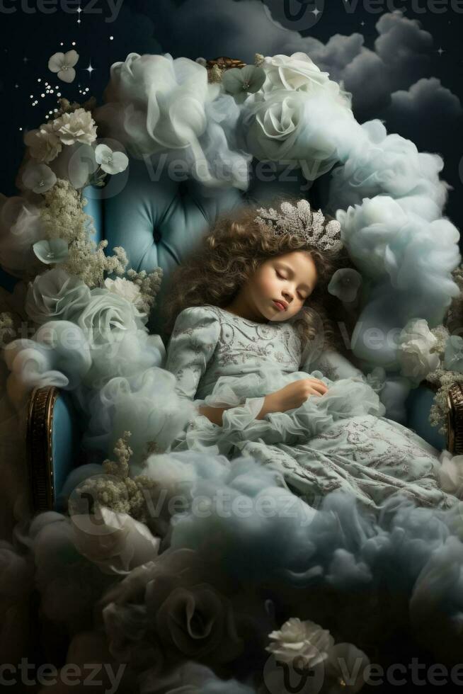 Babies napping on clouds enveloped in magic and whimsical dreamscapes photo