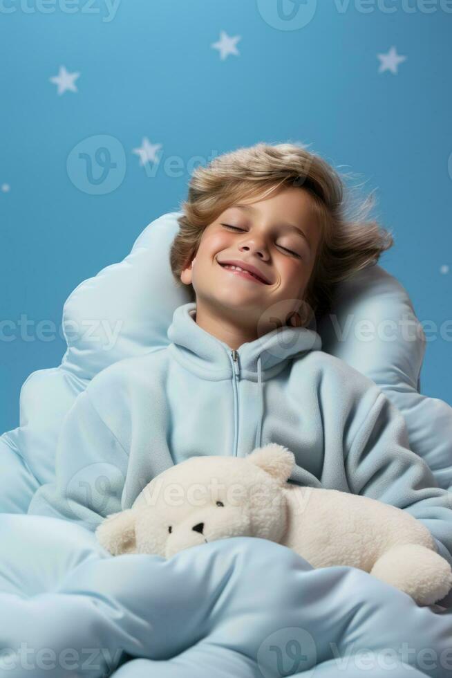 A child peacefully sleeping on a cloud bed isolated on a soft blue gradient background photo