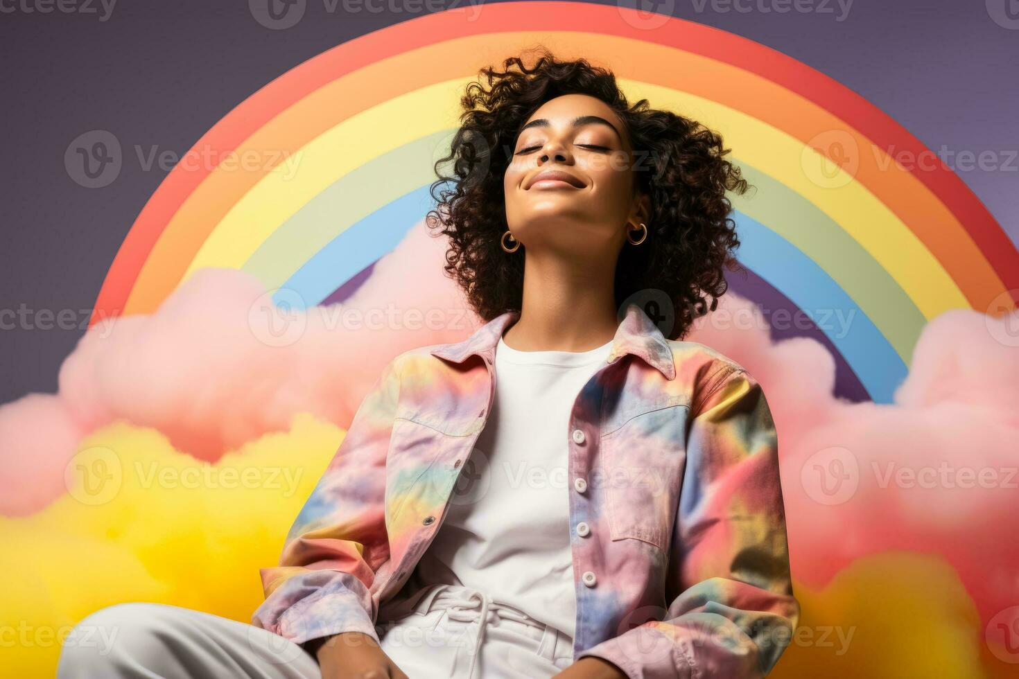 A teen dozing on a dreamy cloud isolated on a rainbow gradient background photo