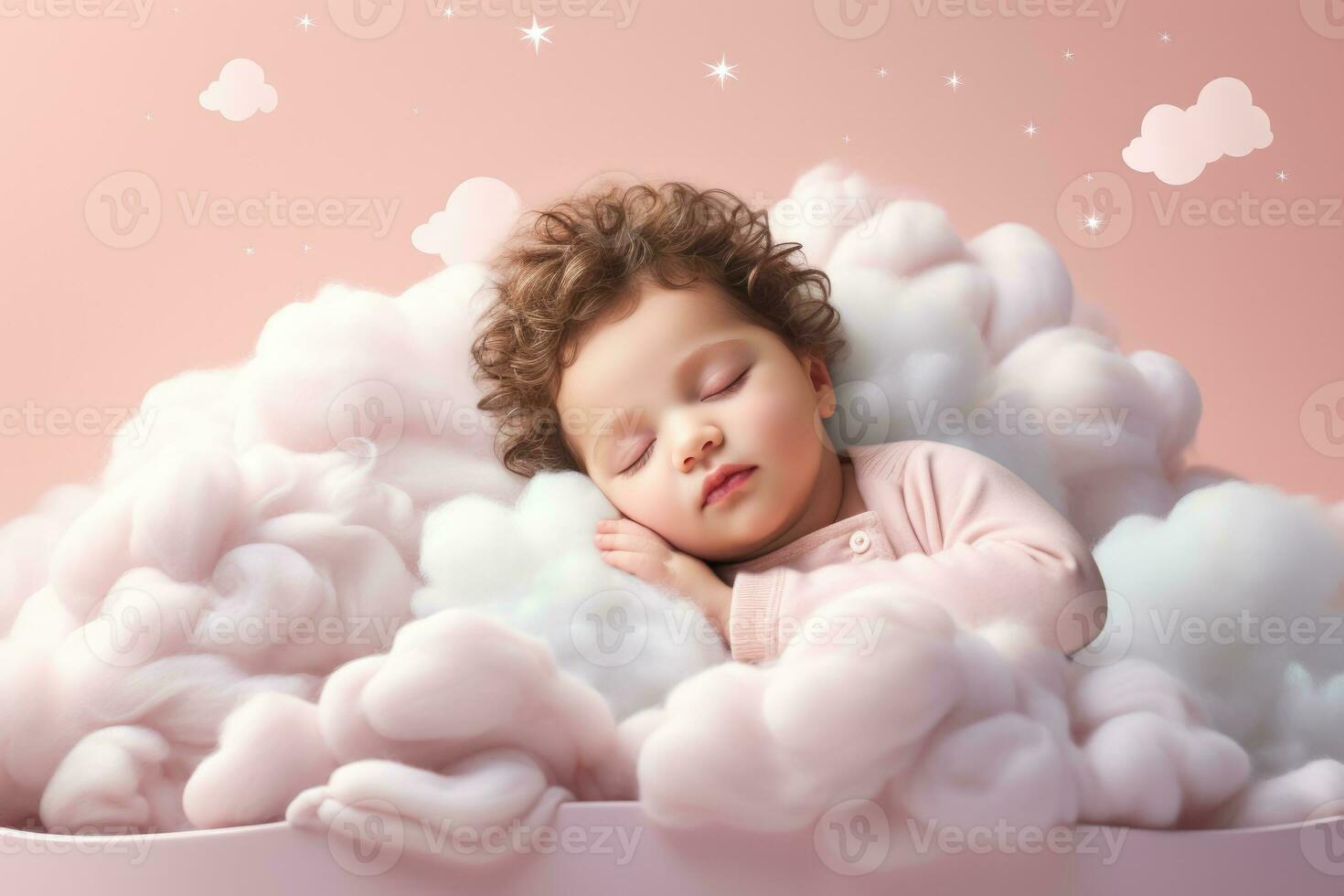 A baby calmly napping on a whimsical cloud bed isolated on a pastel gradient background photo