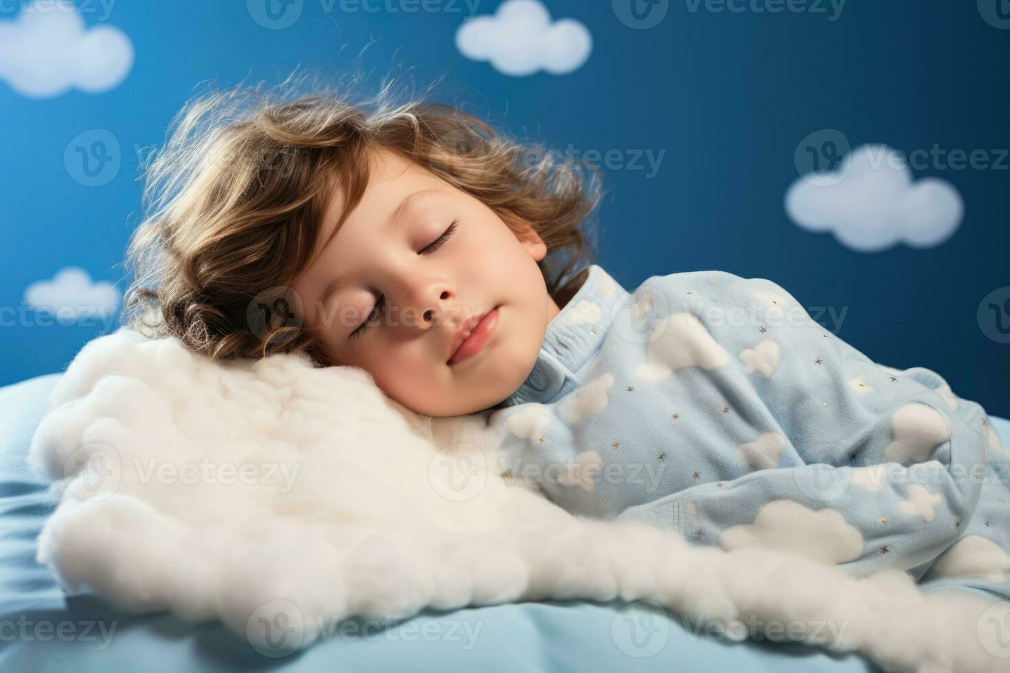 A child peacefully sleeping on a cloud bed isolated on a soft blue gradient background photo