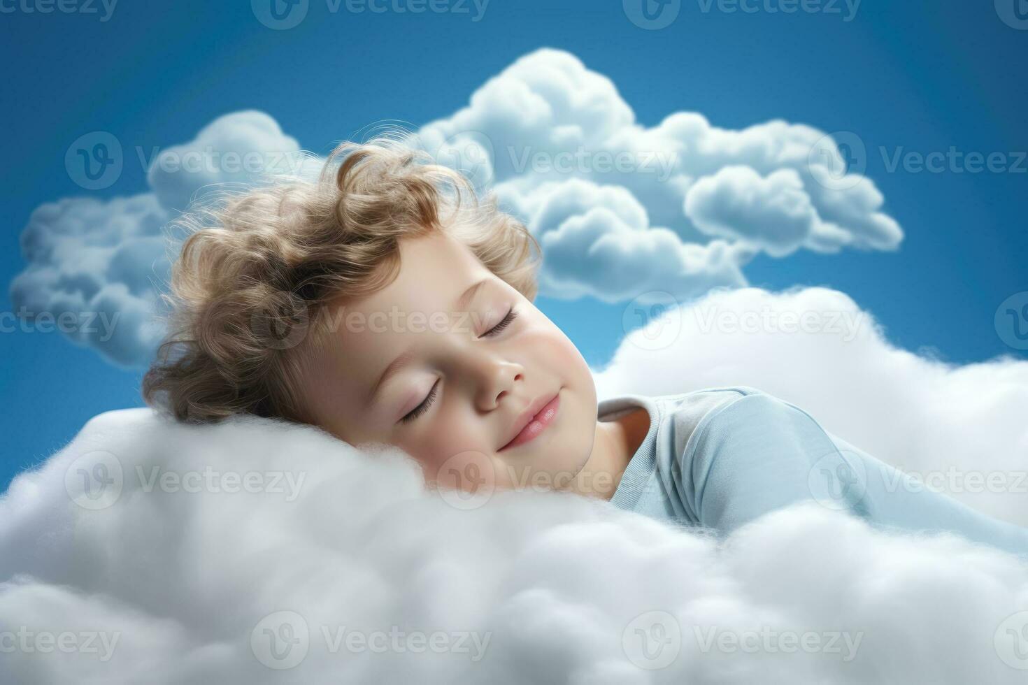 A child peacefully sleeping on a cloud bed isolated on a soft blue gradient background photo