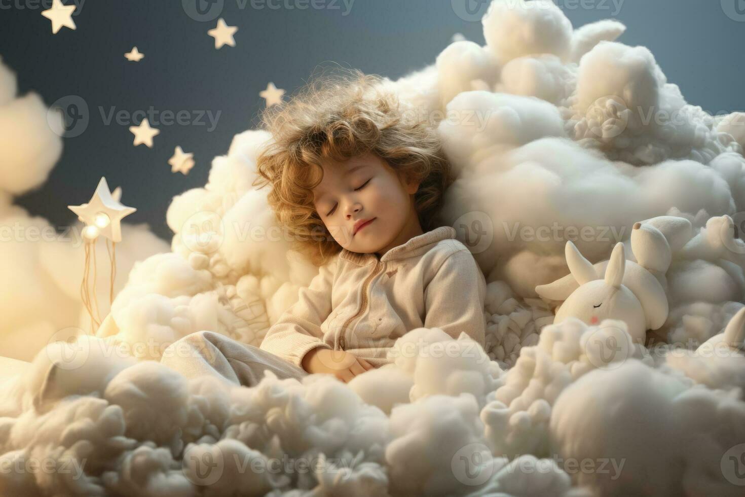 Children peacefully slumbering on fluffy clouds in a serene dreamy landscape photo