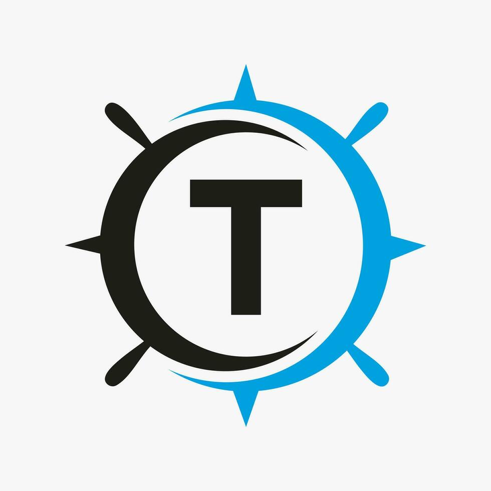 Letter T Ship Logo Concept With Ship Wheel Sign Vector Template