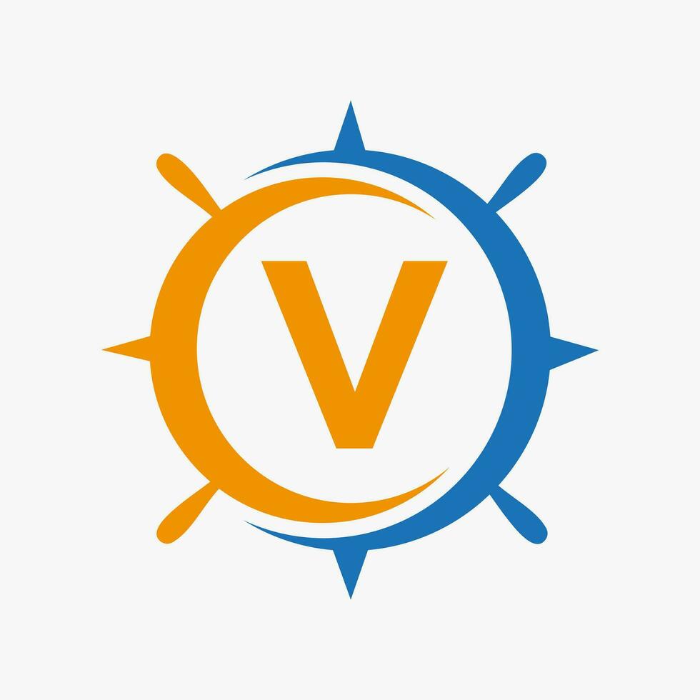 Letter V Ship Logo Concept With Ship Wheel Sign Vector Template