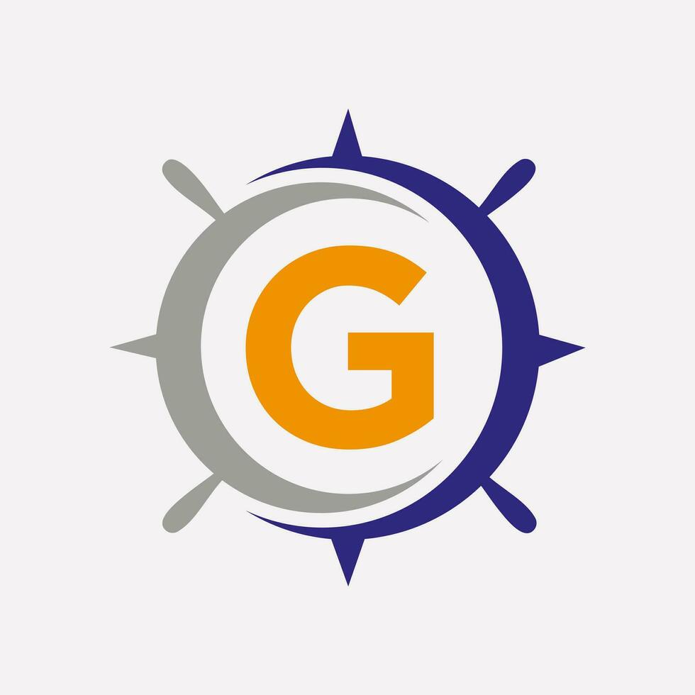 Letter G Ship Logo Concept With Ship Wheel Sign Vector Template