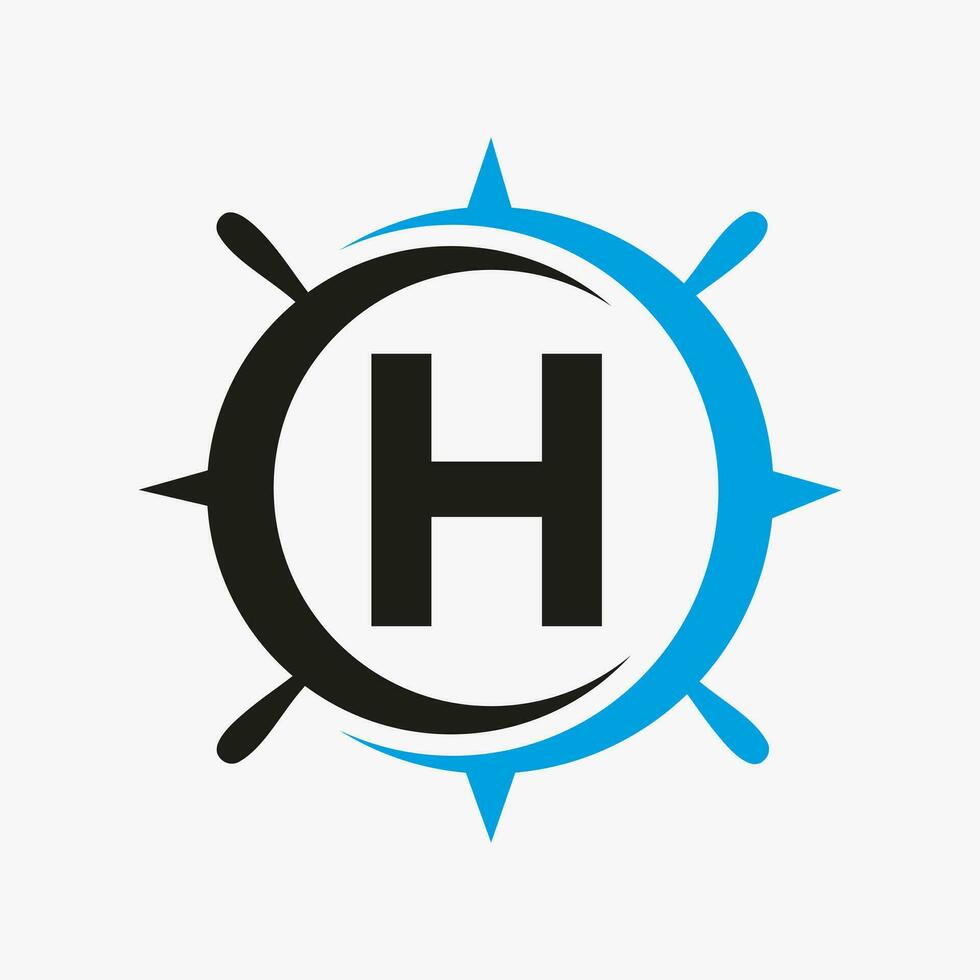 Letter H Ship Logo Concept With Ship Wheel Sign Vector Template