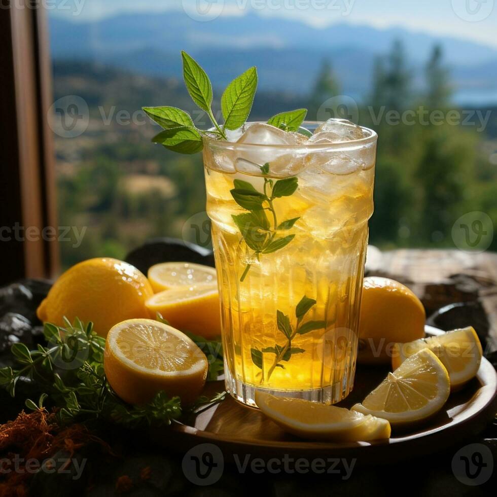 Lemon squeezed lifestyle healthy and diet drink on table, refreshing drink improves mood and prevents free radicals. Great for websites, businesses, social media etc. Ai generative image photo