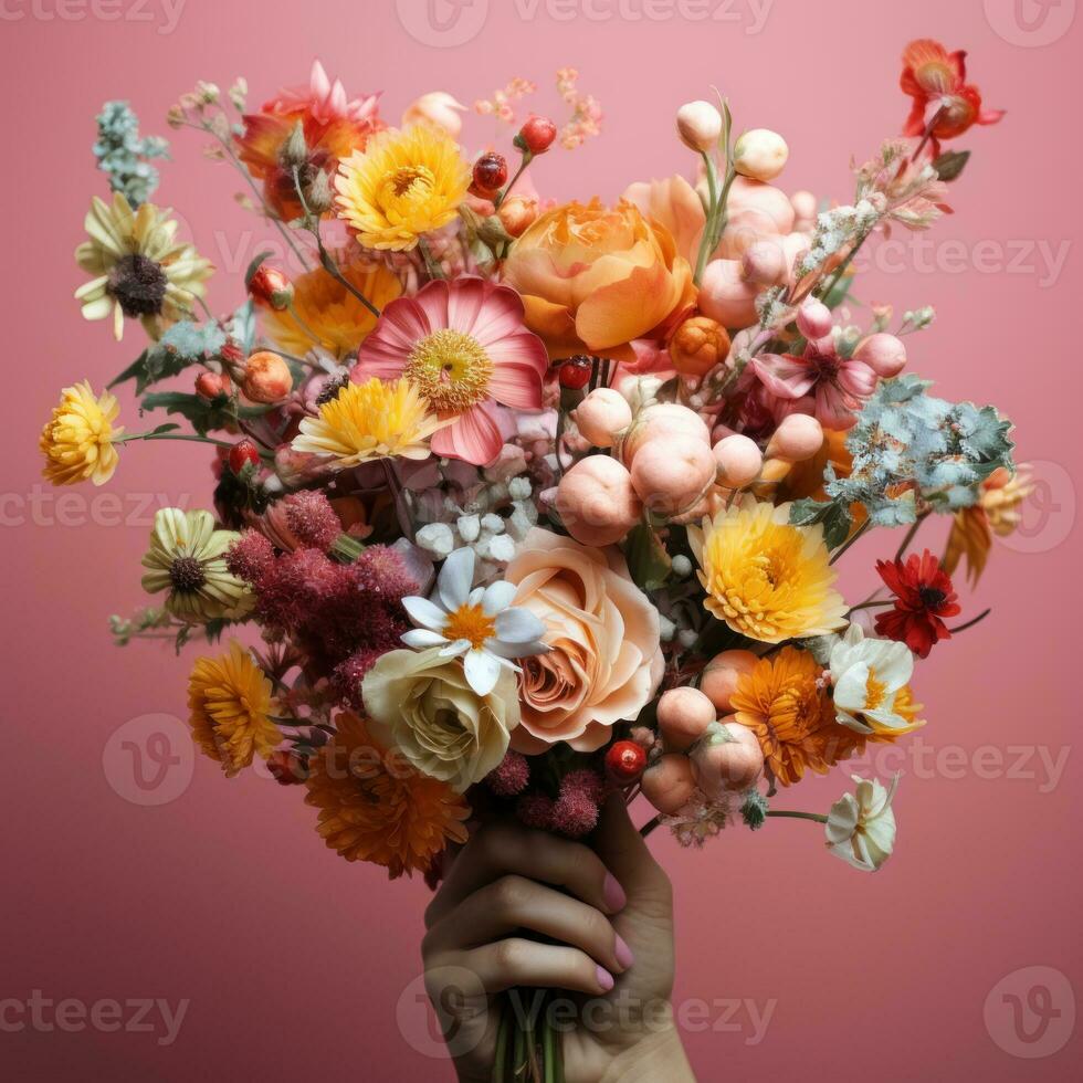 Bouquet of flowers in hand for gift, love, expression, affection, romantic, celebration, valentine. Great for business, website, backdrop, wallpaper etc. Generative Ai image photo