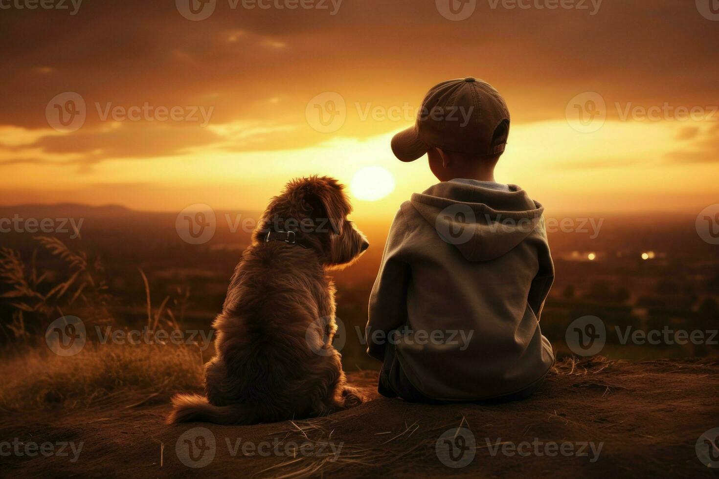 juguetón niño niña simpático perro puesta de sol. generar ai foto