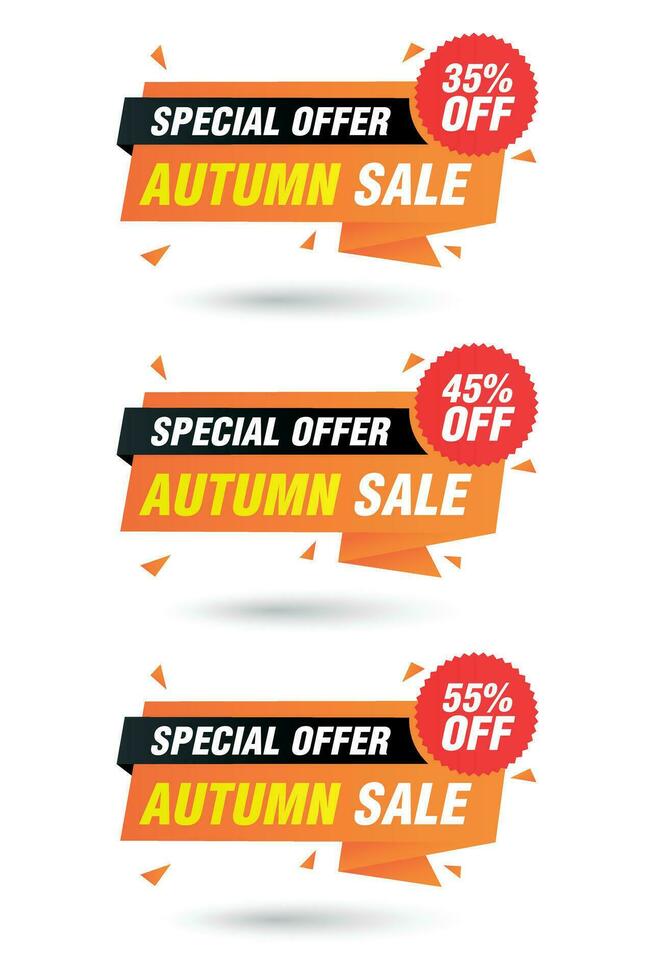 Special offer autumn sale, orange origami labels set. Sale 35, 45, 55 off discount vector