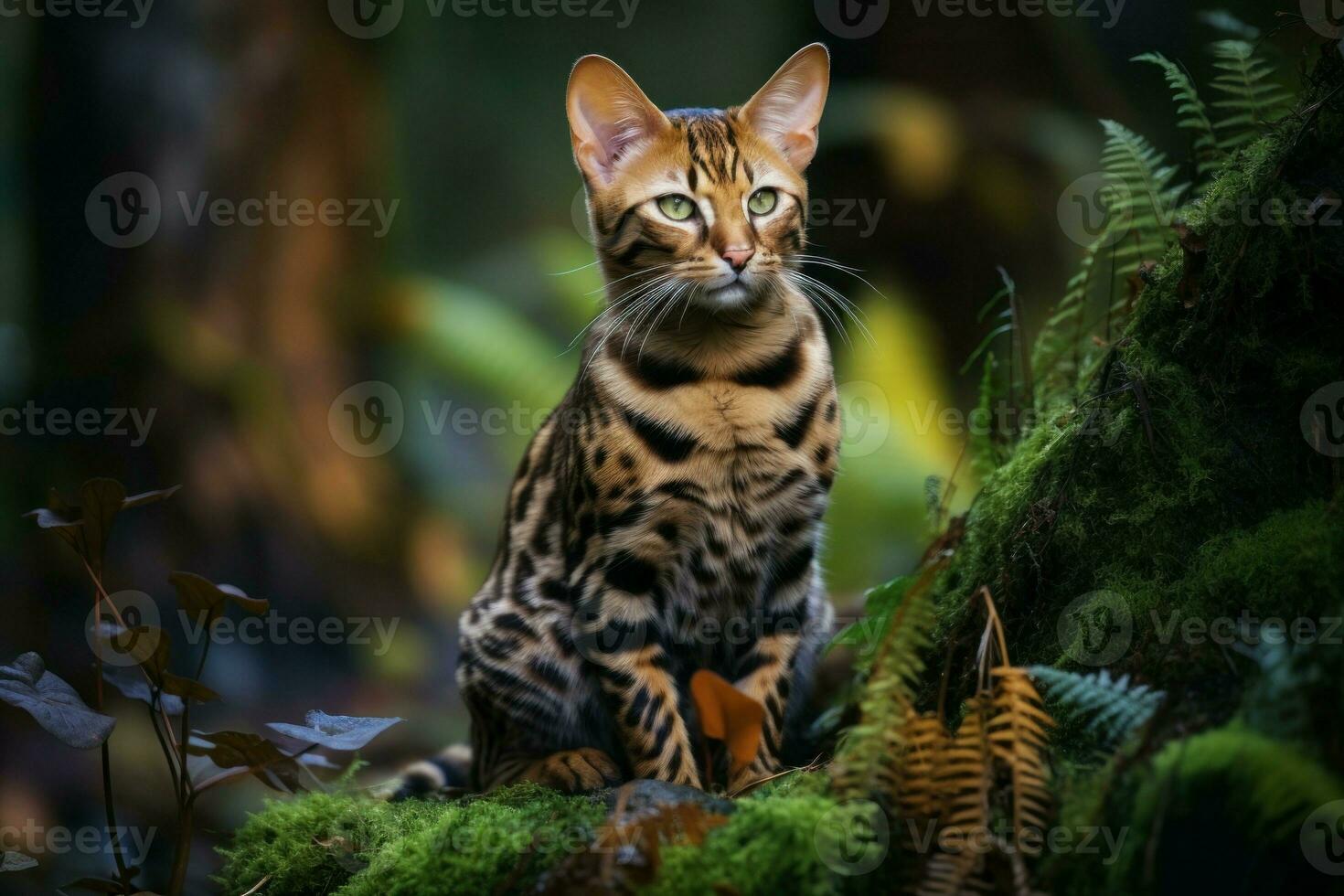 Exotic Bengal cat forest. Generate Ai photo