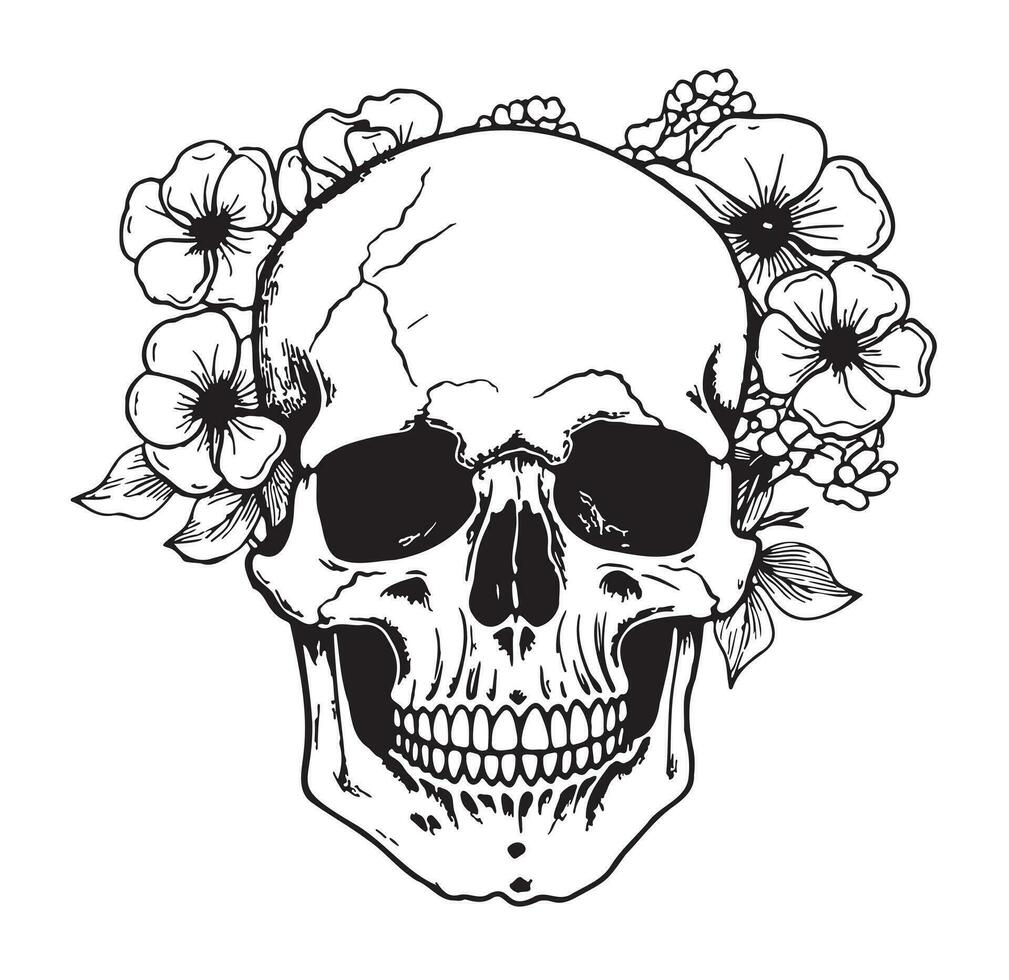 Skull with roses hand drawn sketch Vector illustration