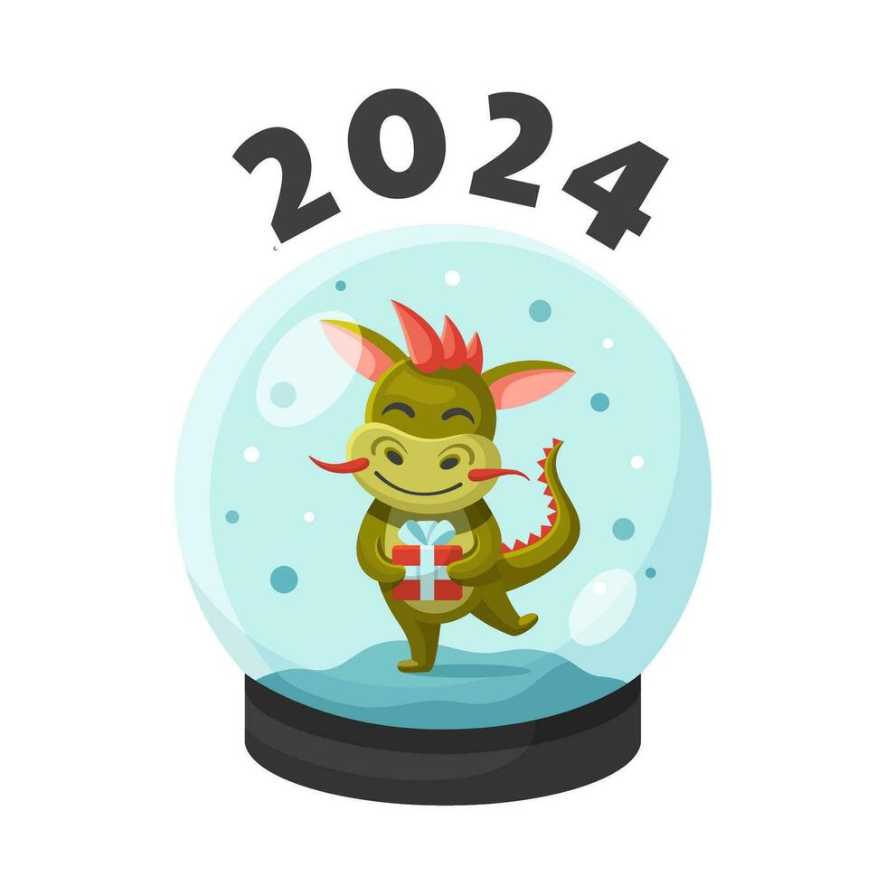Glass snow globe with a small dragon holding a gift, concept of the year of the dragon. New year 2024 illustration. Postcard with chinese dragon. Glass ball with snow. Kids illlustration. vector