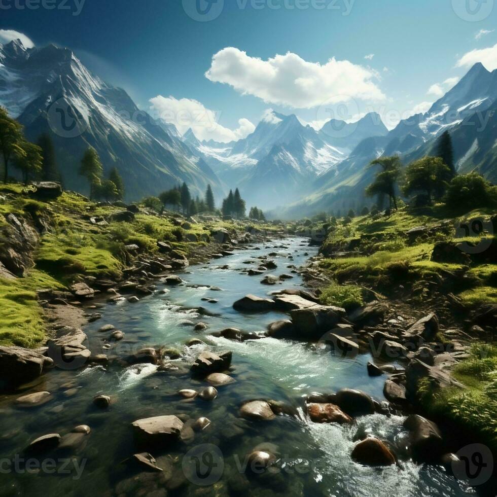 Beautiful landscape of mountains, flowing rivers and valleys in the highlands, great for websites, blogs, backdrops, business etc. Image from generative ai photo