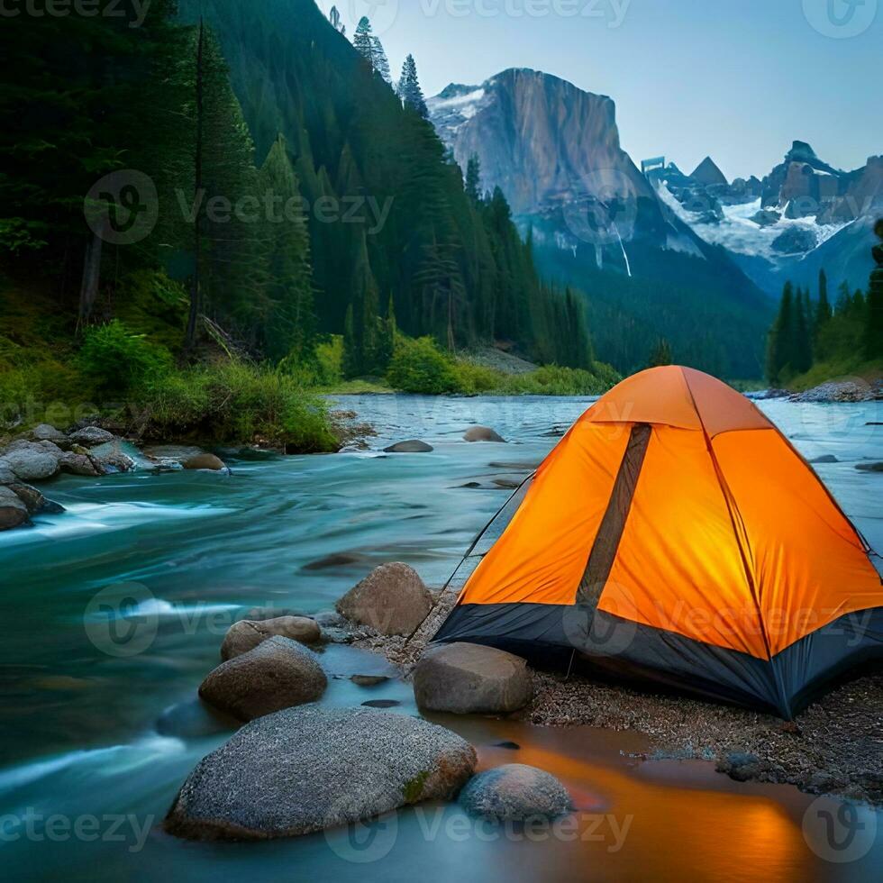 Panoramic view with camping tents in river, mountains and forest area concept in winter, summer and spring. Good for websites, blogs, social media, advertising, business etc. Ai generated image photo