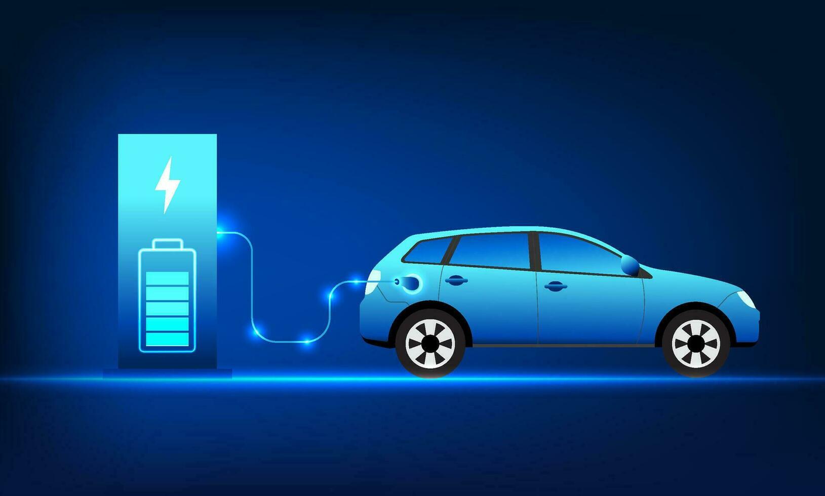 Electric Car technology that charges the vehicle's battery from an electric vehicle charging station. This refers to electric vehicle technology that is powered by clean energy. Reduce global warming vector