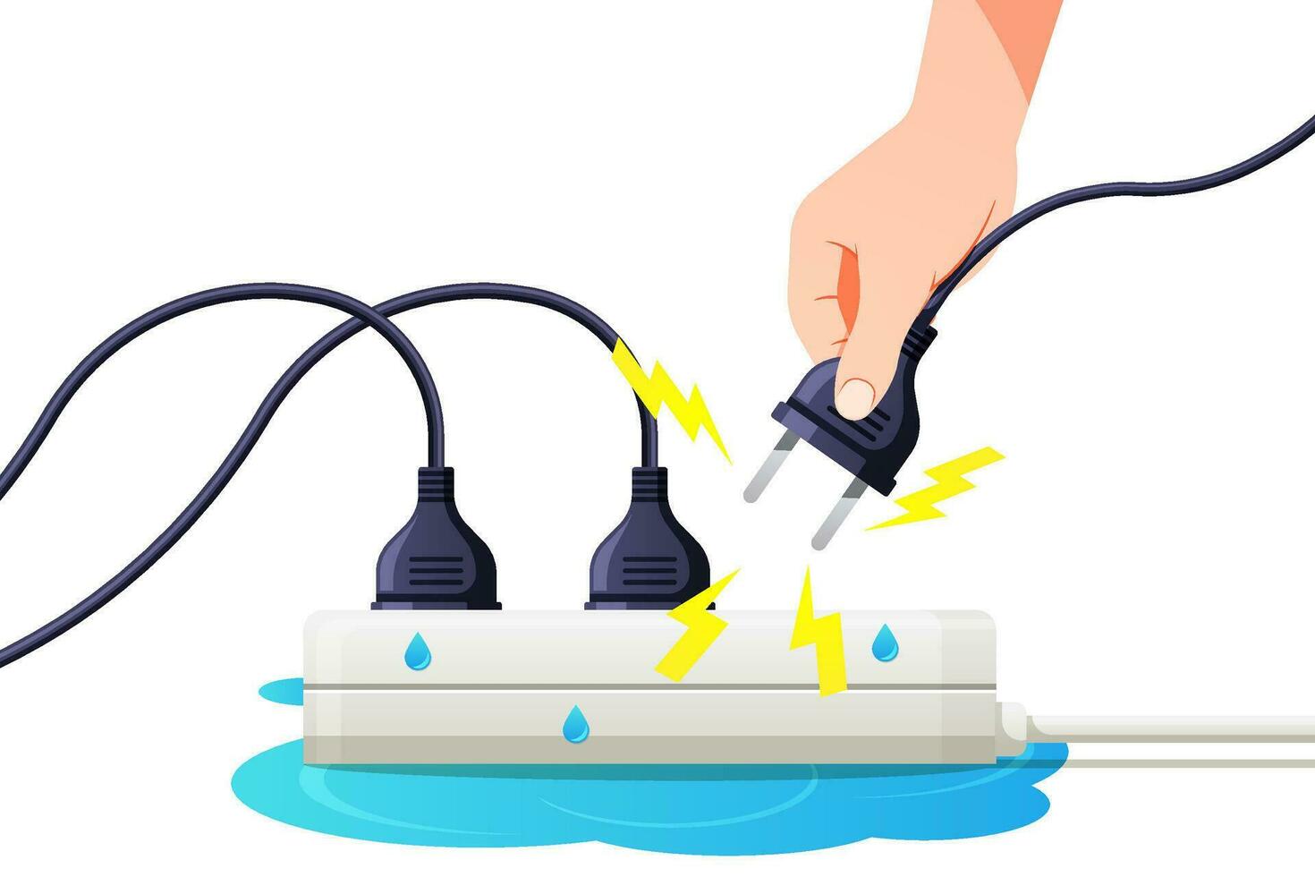 Hand unplugging cable from wet electrical socket. vector