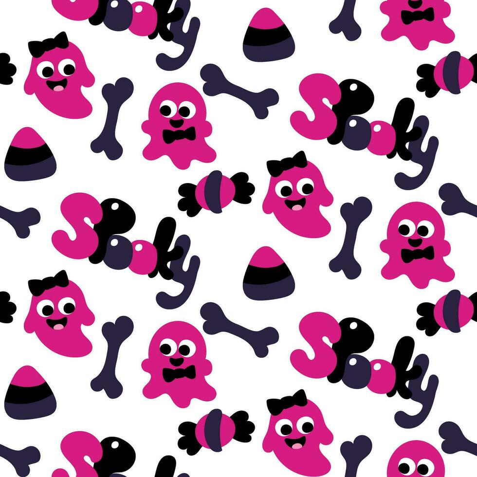 Seamless pattern in pink, gray, black colors for Halloween. Ghost, girl, boy, spooky, bones, candy on a white background vector illustration in cartoon style. Holiday packaging, party