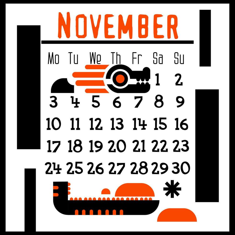 A square calendar page for November 2024 with a cute geometric dragon. Isolated on a white background. The symbol of the year of the dragon. A dragon with wind, snow. Vector illustration. Black Orange