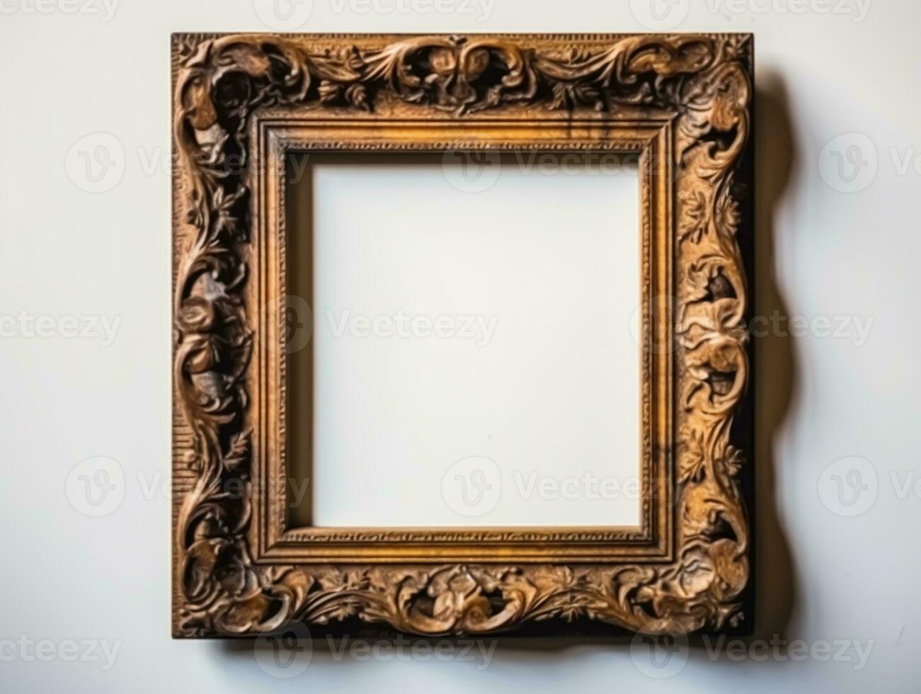 Empty antique wooden square frame for wall art mockup, generative ai photo