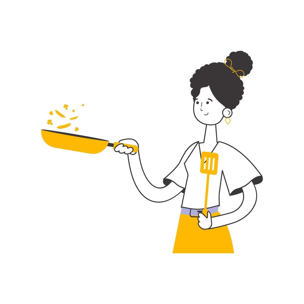 The girl the cook holds a frying pan. Linear modern style. Isolated. Vector. vector