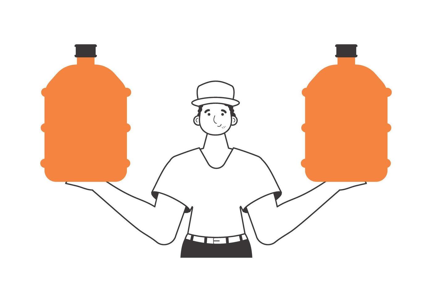 Water delivery concept. A man with a large bottle of water in his hands. Linear modern style. vector