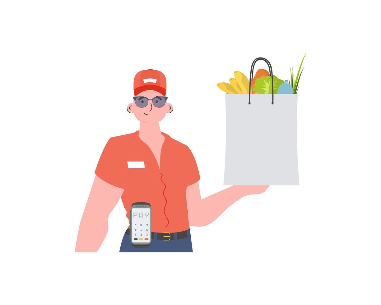 A man delivers a package of products. Delivery concept. Isolated. Trendy flat style. . vector