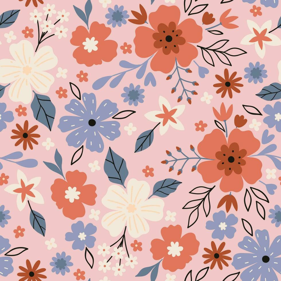 Seamless pattern with flowers on a pink background. Vector graphics.