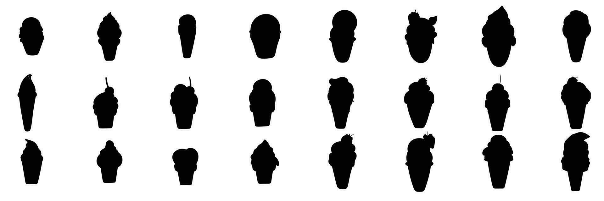 Collection of ice cream silhouette. Hand drawn silhouette of ice cream. Vector illustration. Much ice cream logo icons set.