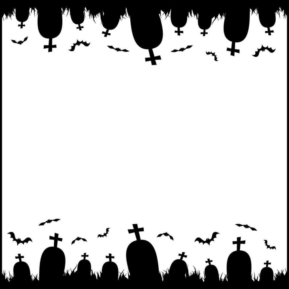 Halloween frame illustration with tombstone and bat isolated on white or transparent background. Design concept with empty space for text vector